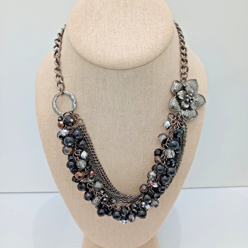JJ Jonette Gunmetal Multi Strand Beaded Statement Necklace 20"